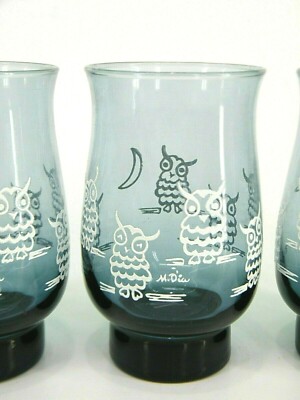 4 ReTrO MCM LiBBEY ''M DiA'' BLUE WHiTE OWL & MOON 5.25'' TUMBLERS 14oz GLASSES