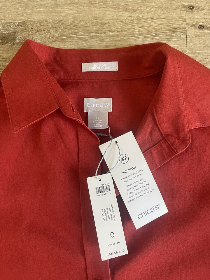 Chicos Women’s Red Button Down Iron Dress Shirt Size O French Cuff NWT