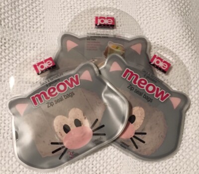JOIE MEOW CAT FACE SHAPED SET 9 REUSABLE ZIP SEAL BAGS Sandwich Snacks NIP