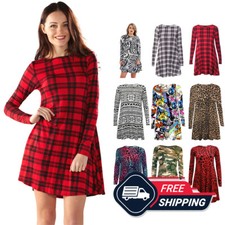 Womens Long Sleeve Printed Swing Dress Ladies Flared Skater Dress Top 8-26