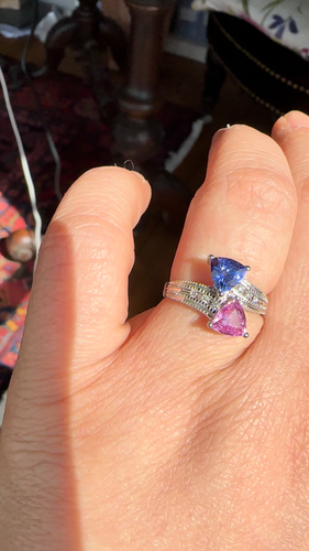 Pink Sapphire And Tanzanite 18k White Gold Crossover Ring With Diamond Shoulders - Video 1 of 1