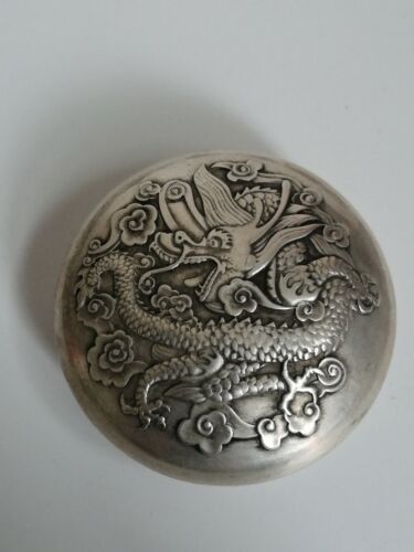 Collection Old China Copper Silver Carving Dragon Ancient People Powder Box Gift - Picture 1 of 7