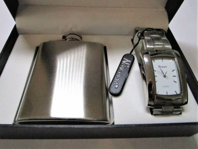Navarre Stainless Steel Quartz Brand New Watch & 3.5oz Flask in Design Gift Box