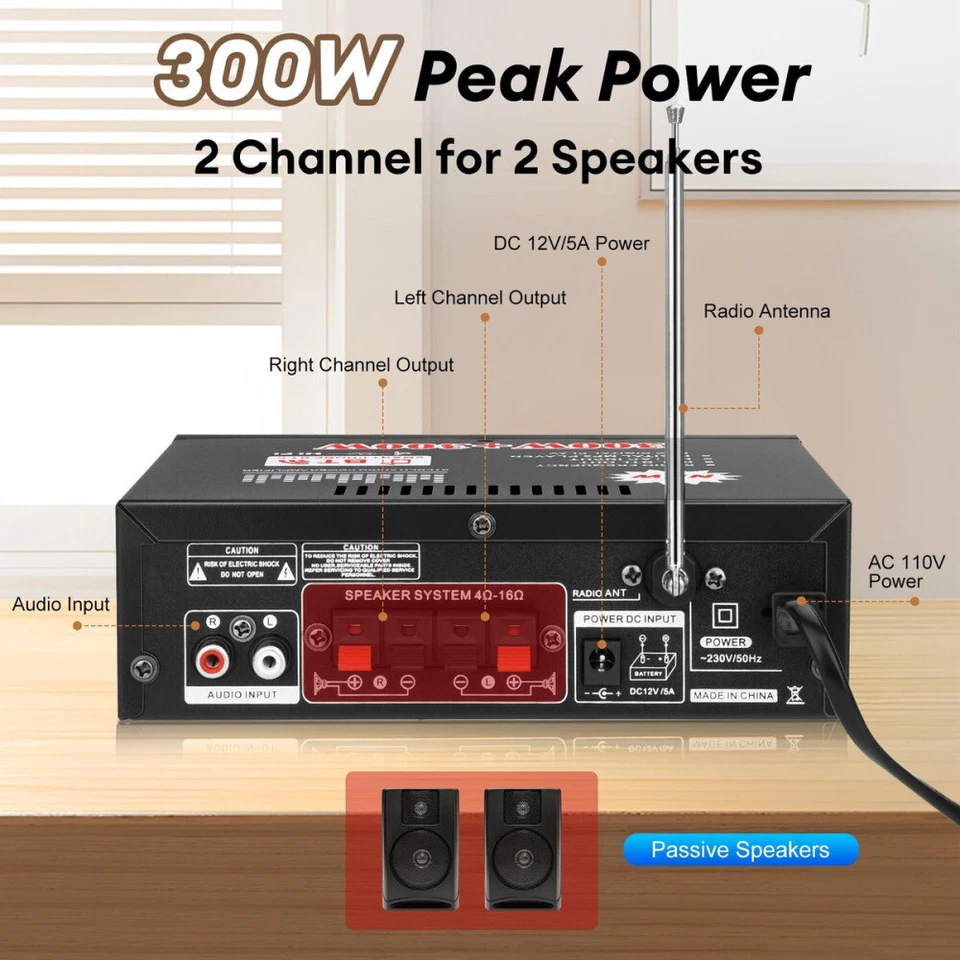 600W Bluetooth Mini Verstärker HiFi Power Audio Stereo Bass AMP USB MP3 FM ◇Auto - Bild 3 von 4