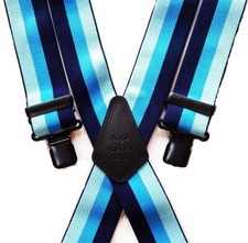 Mens Braces Heavy Duty 1.5" or 2" Navy Sky Light Blue 3 Stripe Suit Black Clip