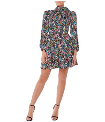 $425 Milly Adele Garden Flower Silk-blend Dress Size 2 Floral Print Black NWT
