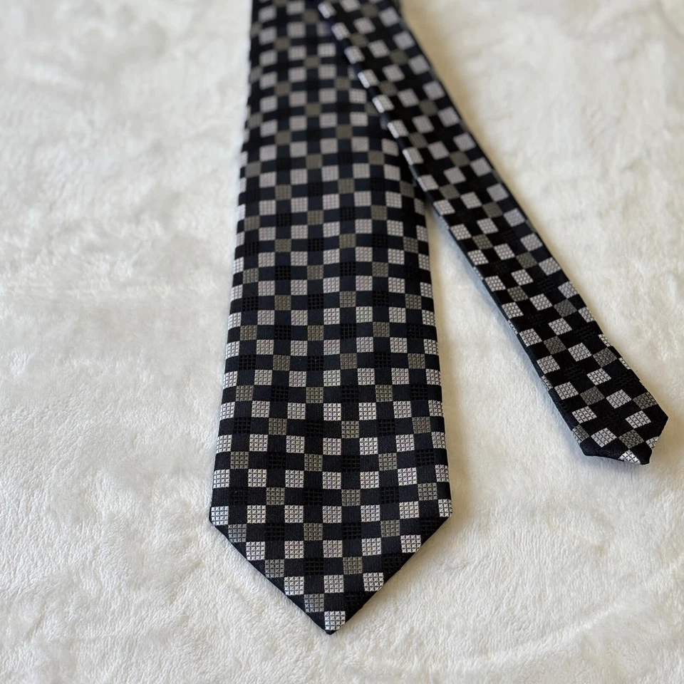 Corbata de diseñador Valerio Garati 58" 100 % seda negra plata gris cuadros Foto 2 de 4