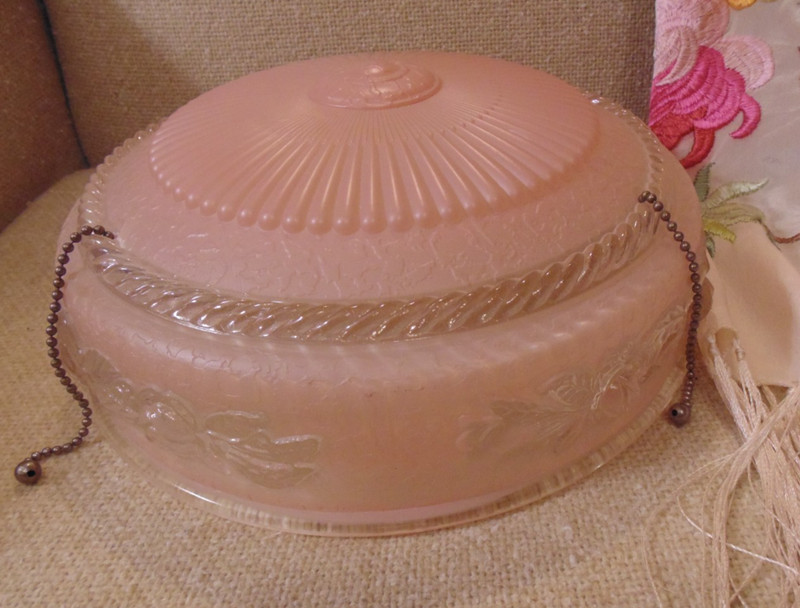 Vintage Ceiling Light Fixture Pink Glass Shade W/3 Chains Art Deco 10 1/4"