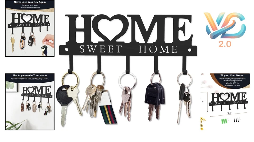 Sweet Home Soporte para Llaves Montado en la Pared Organizador Estante Hierro Negro Nuevo Foto 2 de 4