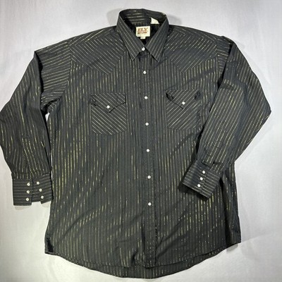Ely Cattleman Vintage Men s 17.5x35 Western Snap Shirt Black Gold Stripe Cowboy