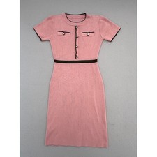 Vintage Style Pink Midi Dress Black Trim Gold Medallion Button Front S