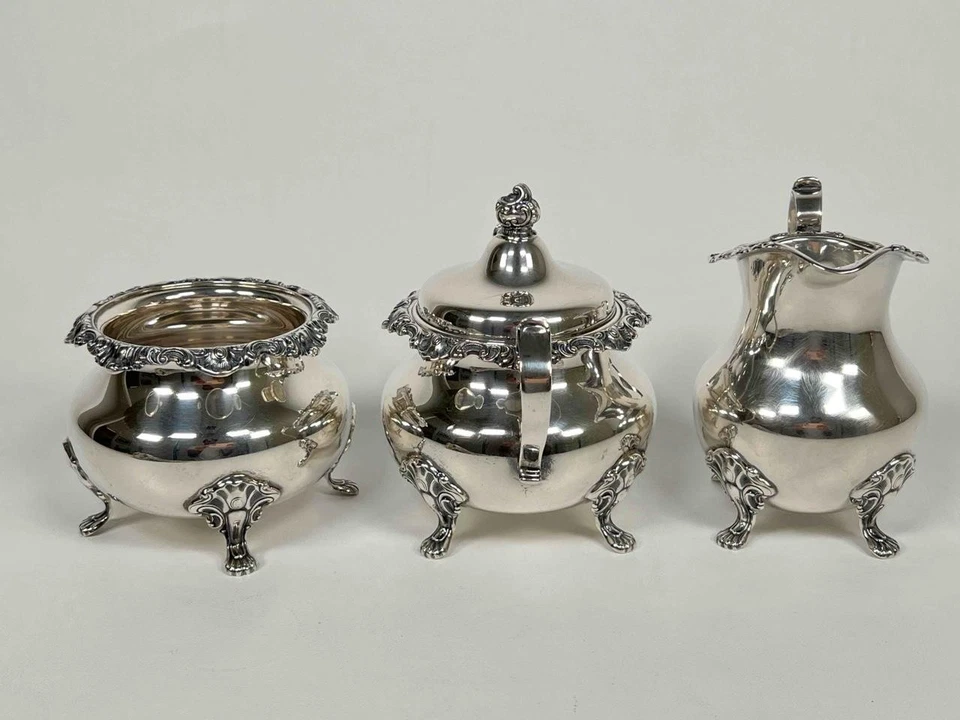 Antiguo juego completo de 3 piezas para servicio de té Gorham Strasbourg crema de azúcar recipiente de desecho Foto 3 de 4