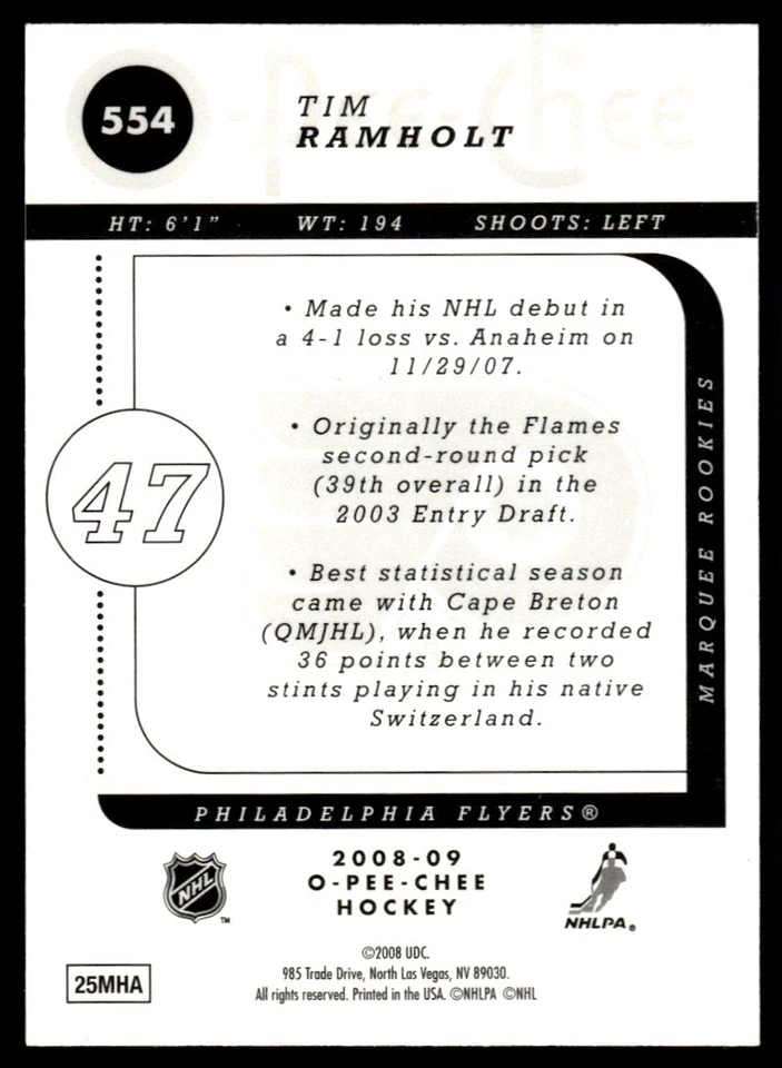 2008-09 O-Pee-Chee Gold Tim Ramholt Rookie Philadelphia Flyers #554 - Image 2 of 2
