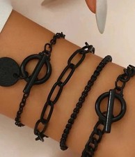 Black Unisex Multilayered Stackable Chain Bracelet Set Adjustable 4-pack New