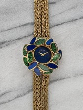 Vintage Jean Ete 70s 18K Yellow Gold Manual Wind Lapis and Nephrite Jade Stone