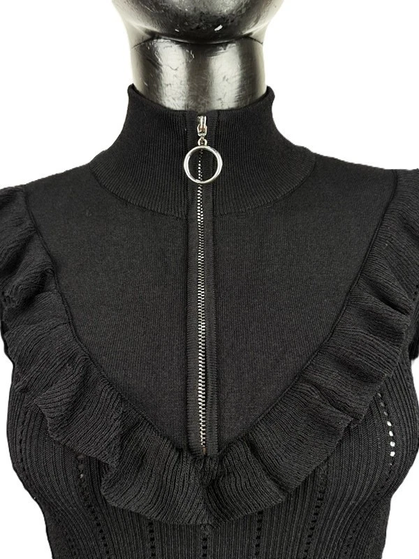 Guess Maillot femme XS noir slim coupe zippée col volant haut viscose - Photo 4/4