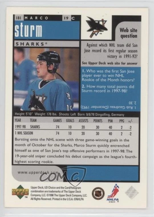 1998-99 Upper Deck UD Choice Preview Marco Sturm #181 - Image 2 of 2