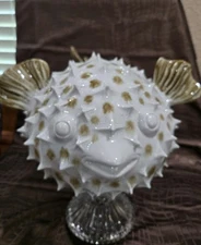 HUGE MID CENTURY Italian Designed  Ceramic BLOWFISH  on a Crystal Base