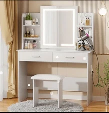 Makeup Vanity Table with Lighted Mirror, 2 Drawers, Shelves And Stool