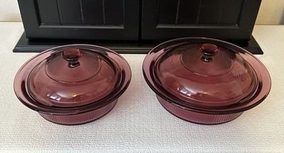 2 Corning Vision CRANBERRY Casserole Dishes: V-30-B & V-31-B w/Pyrex Lids