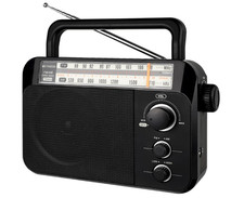 Radio port til AM/FM con enchufe, bater a D, altavoz grande y modo tono alto/baj