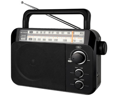 Radio portátil AM/FM con enchufe, batería D, altavoz grande y modo tono alto/baj