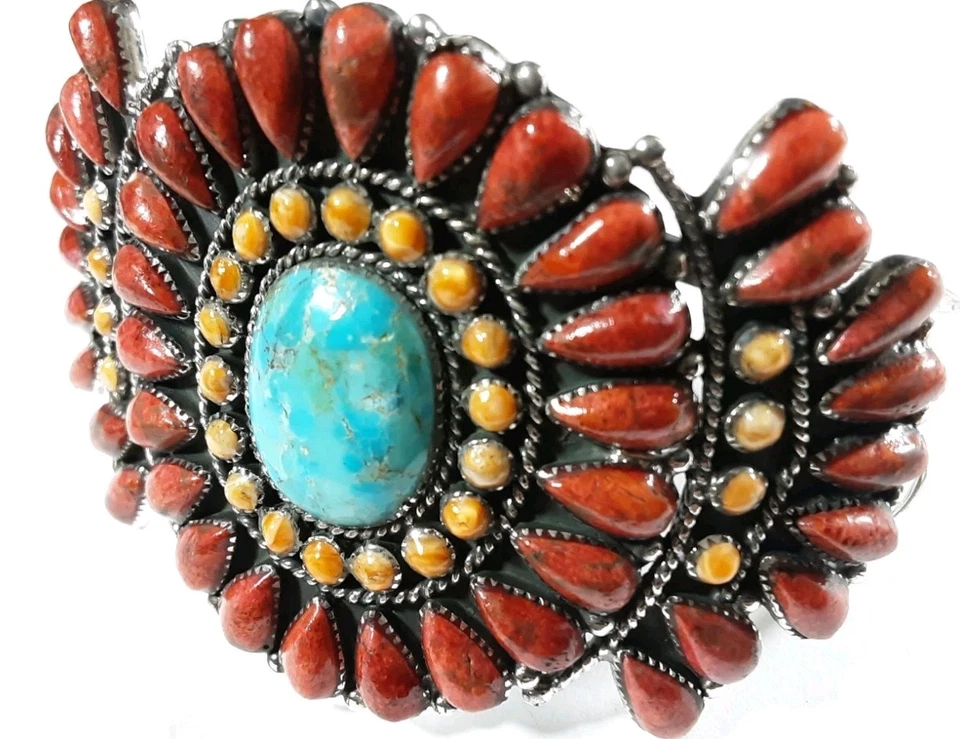 925 STERLING LARGE 67 STONES CORAL SPINY OYSTER TURQUOISE 5 7/8" BRACELET 43.5g - Image 4 of 4