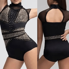 Weissman Elite dance costume black rhinestones studded leotard Get Dat 14732 LC