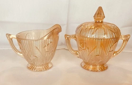 Iris & Herringbone Marigold Carnival Jeanette Glass Creamer & Covered Sugar MINT