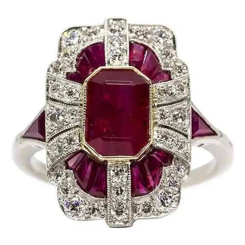 4Ct Vintage Art Deco Style Simulated Ruby Anniversary 14K White Gold Finish Ring