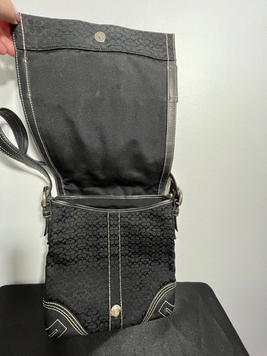 Coach Signature Black Shoulder Bag Leather Trim Buckle Flap Crossbody Purse - Picture 7 of 16