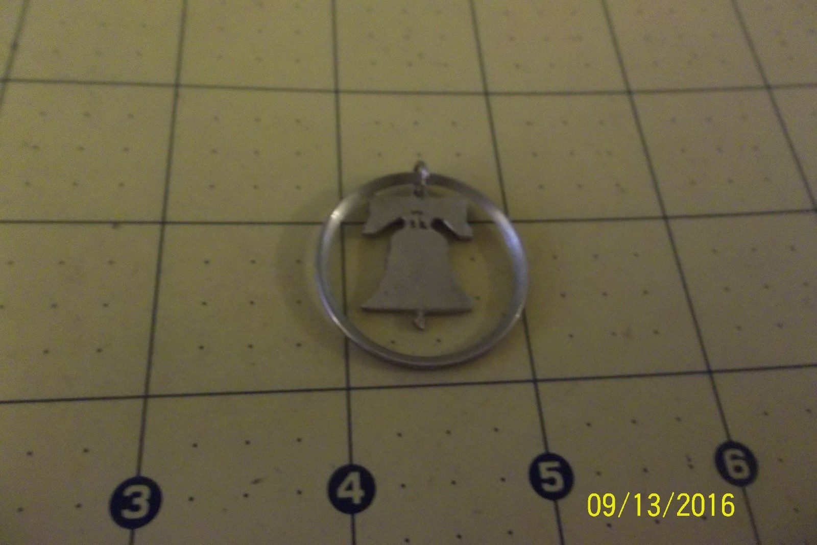 VINTAGE STERLING PENDANT COIN SILVER CUT OUT HALF DOLLAR DANGLING LIBERTY BELL