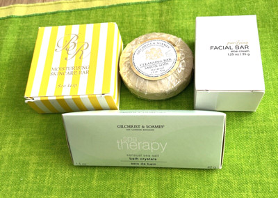 4 Gilchrist & Soames Travel Bars Soap Beau Rivage,  Facial Bar & Bath Crystals