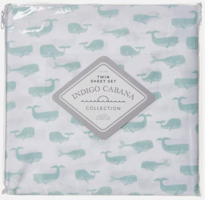 Indigo Cabana WHALES Twin Sheet Set - Sage Soft & Breathable (aqua green whales)