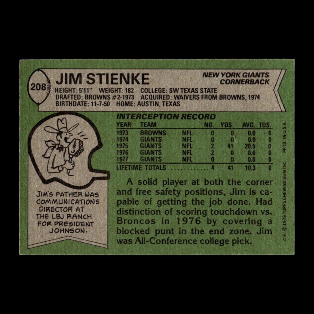 Jim Stienke 1978 Topps New York Giants #208 R308G 1 | eBay