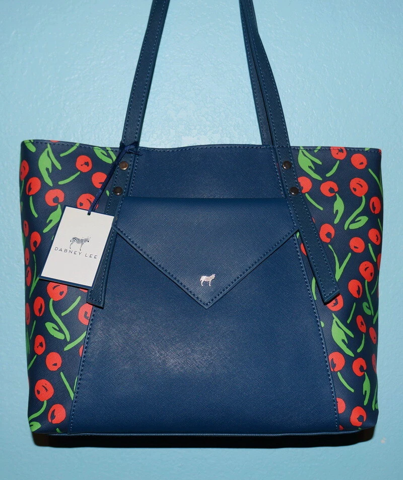 Dabney Lee Tote Bag Blue Color Red Cherries Polyvinyl 20. NWT
