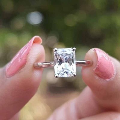 Radiant Cut Moissanite Decent Solitaire Engagement Ring in 14K White Gold Plated