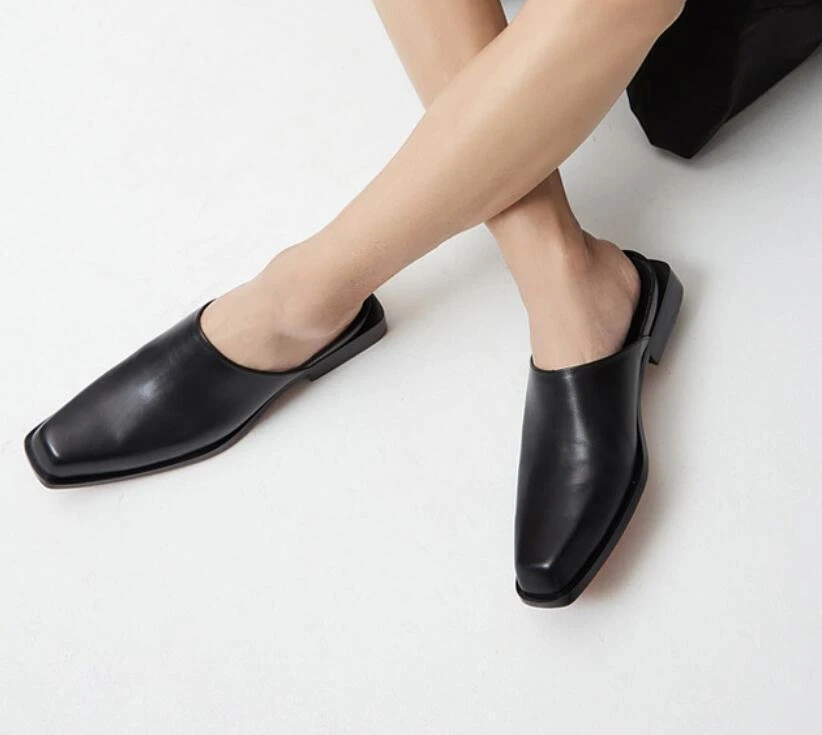 Zapatillas informales de fiesta de cuero real con puntera cuadrada para hombre ropa de trabajo mulas Foto 3 de 4