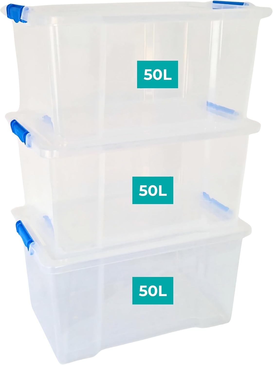 3 X 50 Litre Storage Boxes with Lids Set of 3, Clip-Lock Lid, Sturdy 50L Clear S