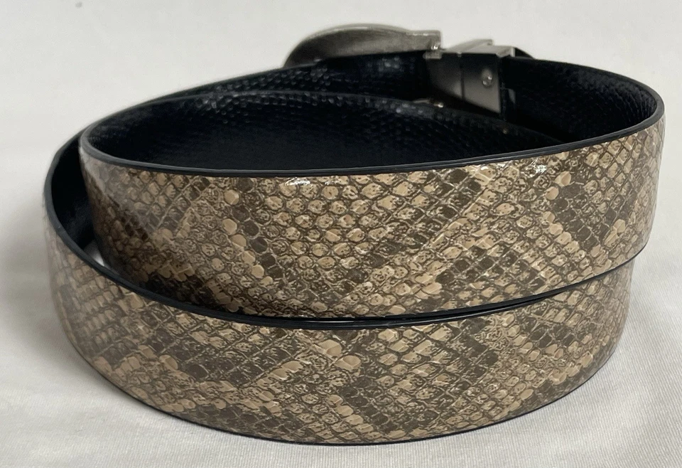Cinturón Reversible Estampado Pitón Mujer’s M Beige Imitación Cuero Hebilla Plateada Moderno Foto 3 de 4