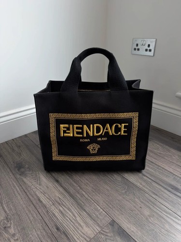 Fendi X Versace Fendace Medium Black Canvas Fabric Shopper Tote Crossbody Bag