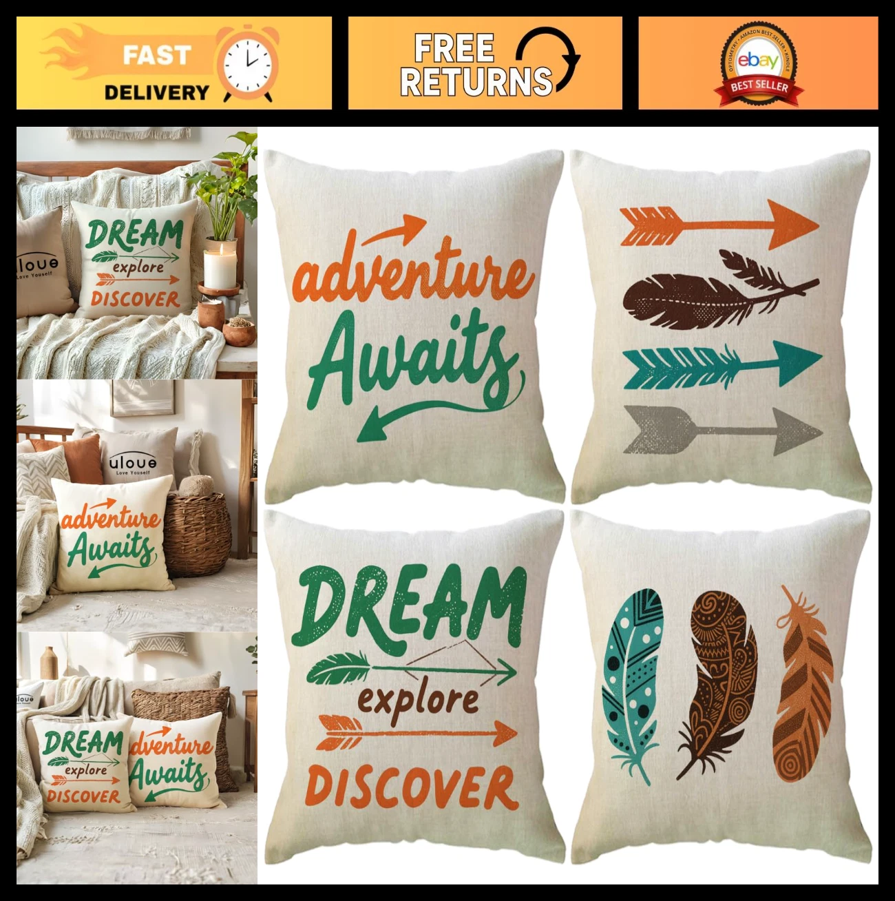 Inspirational Feather Arrows Throw Pillow Covers - 18x18 Inch Decorative Cushion