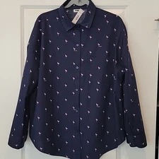PINK Victoria Secret Button Up Longsleeve Shirt Navy Pink Flamingos Medium NWT
