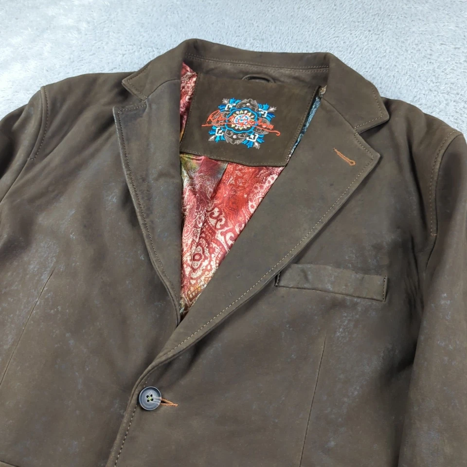 Robert Graham Leather Jacket Men 46 Brown Reverse Print Two Button Surgeon Cuffs - Image 2 of 4