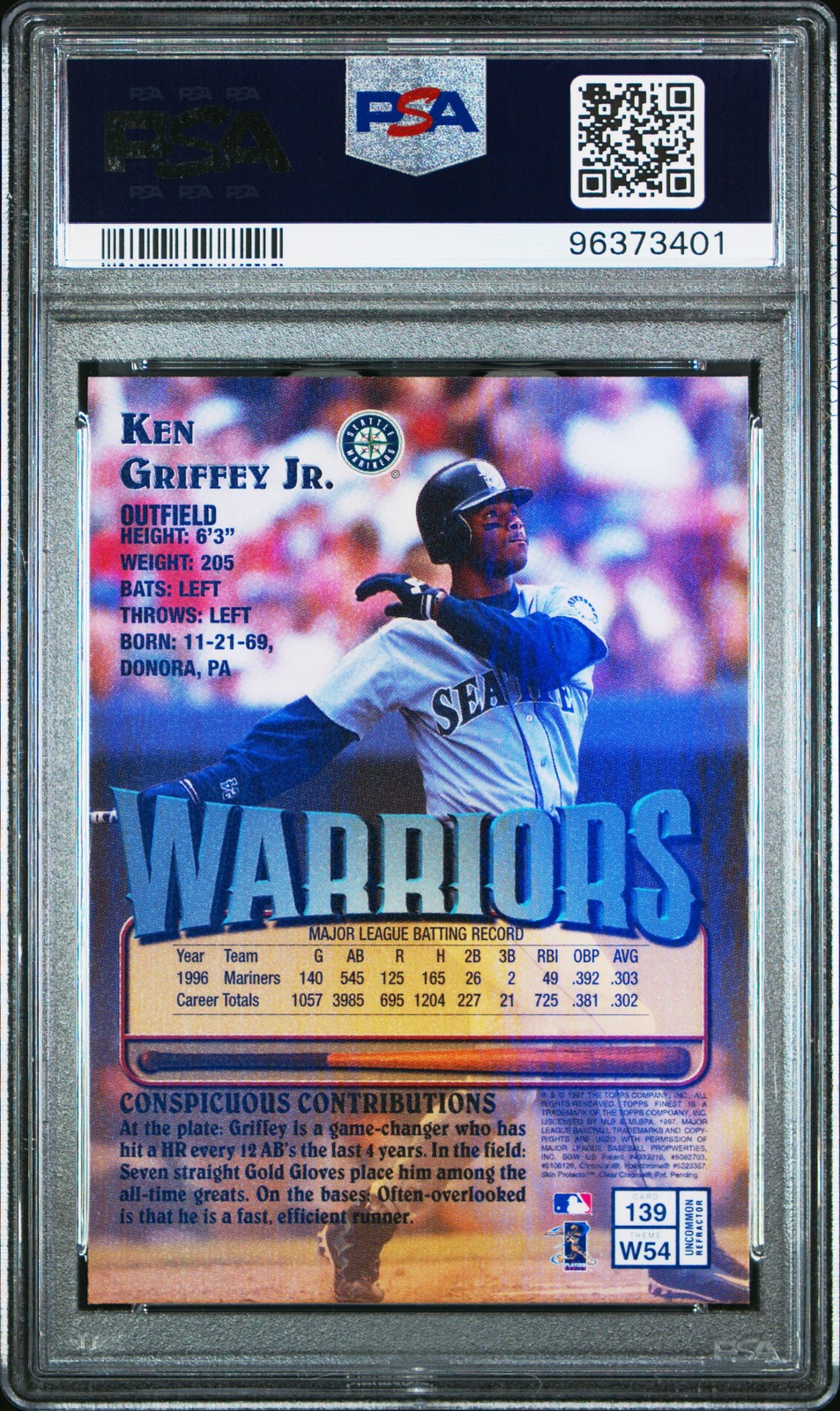 1997 Finest Refractor W/Coating Silver #139 Ken Griffey Jr. PSA 9 view 2