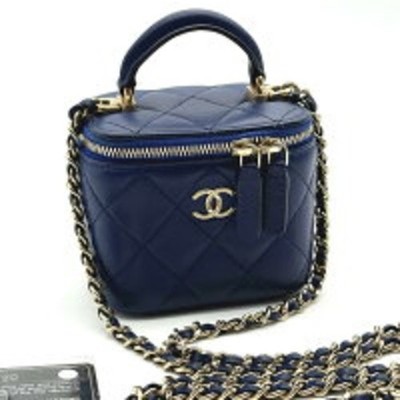 Chanel Lambskin Vanity Shoulder Bag Navy Matelasse Mini Chain Top Handle