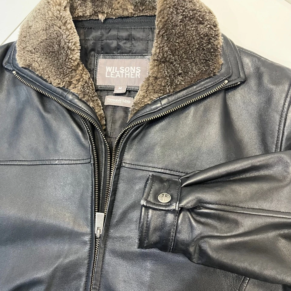 Wilsons Leather Mens Black Bomber Jacket M Shearling Collar Thinsulate Aviator - Image 3 of 4