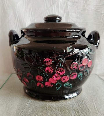 Vintage Cookie Jar Bean Pot Red Cherries J.A. Bauer Ransburg Stoneware Handpaint
