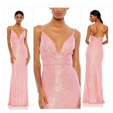 MAC DUGGAL 26945 Coral Pink Sequined Draped V-Neck strappy Gown maxi dress 0 NWT