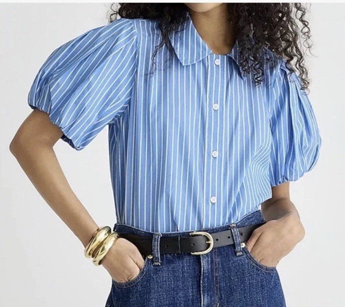 J.Crew Gamine Puff Sleeve Shirt Size 16 Pinstripe Classic Preppy Quiet Luxury